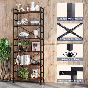 Bibliothèque haute réglable en bois rustique et acier, étagère à livres à 5 niveaux, utilisation industrielle, finition chromée, protection contre la corrosion - Product Image 4