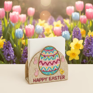 Porte-serviettes en forme d'œuf de Pâques orné de perles, fabrication artisanale, séquence géométrique, vaisselle de luxe, décoration de vacances de printemps, qualité supérieure - Product Image 1