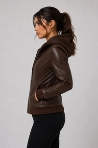 Blouson Bomber de Luxe pour Femme en Cuir Espresso avec Capuche en Polaire, Coupe Sculptée, Fermeture Éclair Intégrale, Poignets et Ourlet Côtelés, Poches Latérales, Style Streetwear - Product Image 2