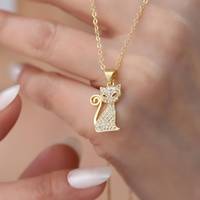 Collier minimaliste en argent sterling 925 massif de haute qualité plaqué or jaune 14 carats avec zircon, motif chat, cadeau pour femme amoureuse des animaux, style français