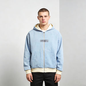 Sweat à capuche décontracté surdimensionné pour homme, tendance, bleu clair, crème, avec blocs de couleur, texture denim, coton, fermeture éclair, logo brodé personnalisé - Product Image 1