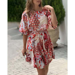 Robe courte plissée à manches ballon et col rond pour femme, 36172 - à motifs - Product Image 2
