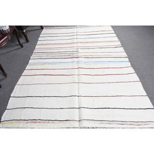 Tapis moderne en laine blanche de 5.4x8,1 pieds à rayures turques et patchwork pour décorations de salon soutenu en latex - Product Image 3