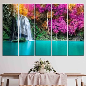 Impression sur toile Cascade de arbres violets : œuvre d'art avec vue sur le lac et la nature sereine, lot de 5 toiles - Product Image 1