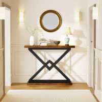 Table console étroite industrielle, table de canapé en bois brun rustique avec pieds en métal noir pour entrée