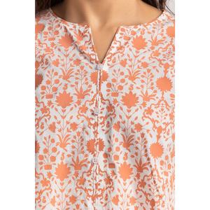 Chemise décontractée pour femme en cambric imprimé à blocs, couleur pêche, respirante, col mandarin, taille naturelle, collection printemps - Product Image 4