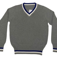 OEM/ODM Damen-Strickjacke in Grau mit V-Ausschnitt, blauem und weißem Besatz, langen Ärmeln und klassischem Preppy-Stil.