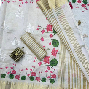 Sari de Fiesta de Piel Sintética de Longitud Regular con Bordado de Hilo de Colores Brillantes y Estampado Floral de Estilo Indio Tradicional - Product Image 2