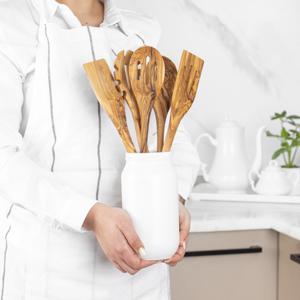 Juego de 5 utensilios de cocina clásicos de madera de olivo, cuchara de mango largo, espátula, herramientas de cocina hechas a mano, aptas para alimentos, para cocinar y servir - Product Image 4