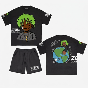280 GSM Premium 100% Polyester Terry Men T-Shirt <b>Short</b> <b>Set</b> Black Oversized Solid Breathable Summer Casual Crew Neck Front Logo - Product Image 1