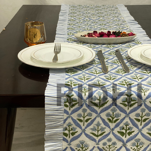 Camino de Mesa Ridhi de Lujo, Estilo Indio Floral, Color Azul Claro, 100% Algodón, Personalizable, con Volantes, Estampado a Mano, para Comedor, Hotel, Boda - Product Image 6