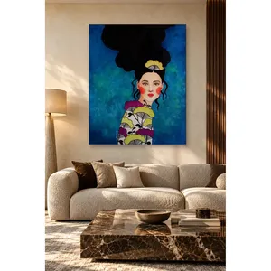 Fida, femme aux cheveux noirs volumineux sur fond bleu, impression sur toile - Product Image 1
