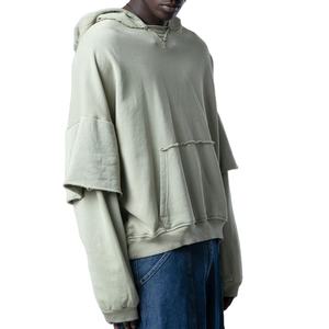 Vente en gros de quantité minimale de commande bas d'usine de pulls à capuche délavés à l'acide à manches doubles pour hommes de meilleure qualité design de pulls à capuche pour hommes surdimensionnés Boxy amples - Product Image 4