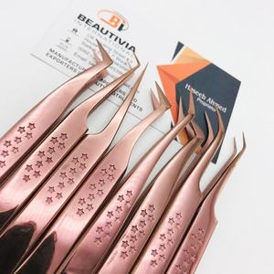 Pince à épiler pour extension de cils avec logo personnalisé professionnel poignée d'impression d'étoile en acier inoxydable or rose pointe pointue pour cils volumineux - Product Image 1