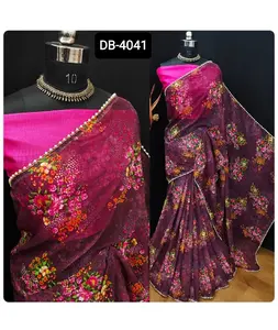 Dijital baskı ve dantel sınır Saree ile yeni Georgette Saree en düşük fiyat hint etnik giyim elbise gelin giyim Lehenga Choli