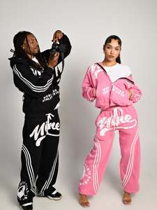 Ensemble de survêtement unisexe en coton avec broderie et strass, style streetwear, pantalon de survêtement évasé et sweat-shirt ample - Product Image 2