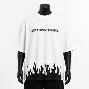 Custom Oversized White <b>Flame</b> Print T <b>Shirt</b> Men Heavyweight Cotton Streetwear Graphic Loose Fit Drop Shoulder Casual Fashion Tee - Product Image 1