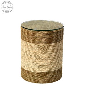 Table d'appoint cylindrique fabriquée à la main en gros enveloppée d'une corde naturelle à double abat-jour avec dessus en verre trempé pour la décoration du salon - Product Image 1
