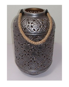 Antique Silver Metal Lantern Floral Cutout Votive Holder with Jute <b>Rope</b> Handle Decorative Tabletop Lantern Home Wedding Lantern - Product Image 2
