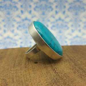 Chunky Howlite <b>Turquoise</b> Cabochon <b>Ring</b> Elegant Solid Silver Bohemian Artisan Craft with Pearl and Diamond for Wedding - Product Image 2