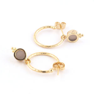 Pendientes de aro de latón chapado en oro y amarillo personalizados, joyería pequeña redonda de cuarzo ahumado Natural, hechos a mano - Product Image 5