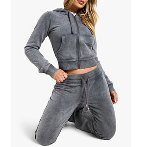 Custom Logo Active Heavy Cotton <b>Fleece</b> 500gsm Zip up <b>Hoodie</b> and Straight Leg Sweatpants Stone Wash Casual Women 2 piece set - Product Image 2