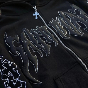 Trending Winter Unisex Custom Digital Embroidered Plaid Oversized Flared <b>Hoodies</b> 100% Cotton Fleece <b>Zip</b> <b>Pocket</b> Washed Techniques - Product Image 5