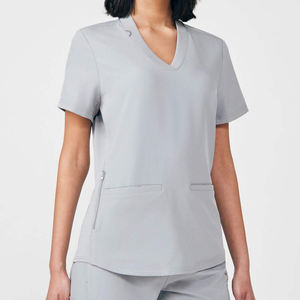 Top de corte moderno con cuello en V para mujer Top de manga con muesca y cuello de 3 bolsillos Papaya brillante - Product Image 1