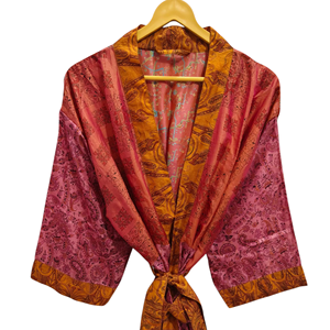 Albornoz de seda Sari reciclado de tamaño libre, bata larga de noche, Kimono Sari de seda reciclado Vintage indio con estampado Floral, - Product Image 1