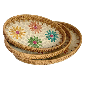 Ensemble de 3 plateaux ovales en rotin naturel avec incrustation de nacre, plateaux de service pour la nourriture et plateaux de rangement décoratifs - Product Image 3