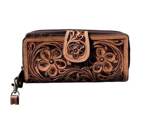 Cartera de Cuero Genuino para Mujer con Protección RFID, Estampados de Animales, Estilo Occidental Vintage, Cierre de Cremallera y Adornos de Botones, 4"H X - Product Image 1