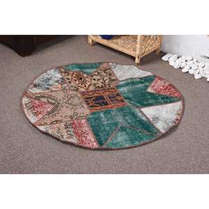 Tapis Patchwork Vintage Vert Beige Laine 3.3X3.2 pieds Rectangulaire Grande Surface Motif Abstrait pour Couloir-Latex Soutenu Viscose - Product Image 3