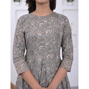 Grey Jaal Cotton Anarkali Kurta Pant Set Elegant Floral Printed Salwar Kameez Heavy <b>Net</b> <b>Fabric</b> Embroidery Work for Party Wear - Product Image 2