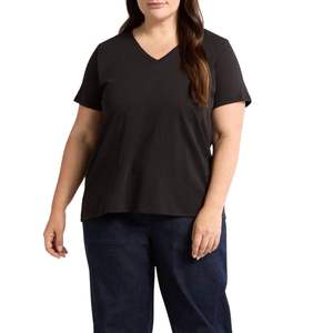 T-shirt en coton et élasthanne de qualité supérieure, taille personnalisée, t-shirt ample noir pour femmes, t-shirt uni à col en V et manches courtes pour femmes - Product Image 1