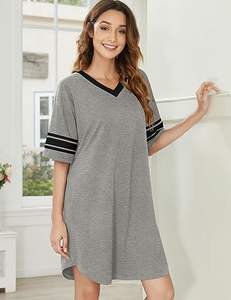 Camisón de satén de algodón para mujer, camisa de manga corta para dormir con cuello en V, bloque de Color, ropa de dormir de moda de lujo suave para invierno y verano - Product Image 1