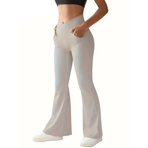 Legging évasé pour femmes avec taille croisée et poche, pantalon extensible pour le fitness et les vêtements décontractés, pantalon tissé évasé à taille haute pour femmes - Product Image 2