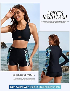 Traje de baño de manga larga con protección contra sarpullidos Atlético personalizado para mujer, 3 piezas, protección contra sarpullidos, protección solar UV, sujetador incorporado, camisetas de baño con cremallera - Product Image 3