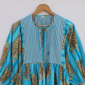 Haute Qualité Bleu Ciel Rayures Tigre Bloc Imprimer Mini/Midi Robe Col Profond String Fermer Casual Floral Naturel Indien Fabricant - Product Image 1