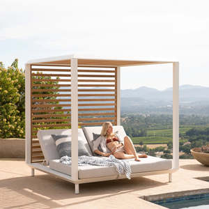 Exclusive Outdoor Cabana Sunbed <b>for</b> Two with Soft Cushions and <b>Canopy</b> Roof Designed <b>for</b> Luxury Villa or Resort Environments - Product Image 1