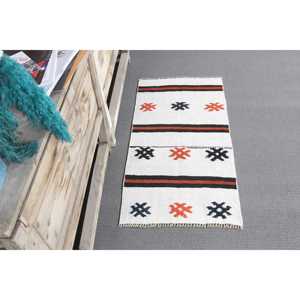 Tapis turc vintage, petit tapis de 1,7 x 3,2 pi (51 x 99 cm), tapis en laine à carreaux blancs - Product Image 3
