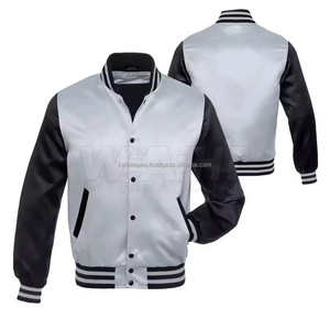 Stock de bombardiers de baseball gris noir en satin prêts à l'emploi blousons légers avec logo personnalisé pour hommes, vêtements décontractés et d'équipe - Product Image 3