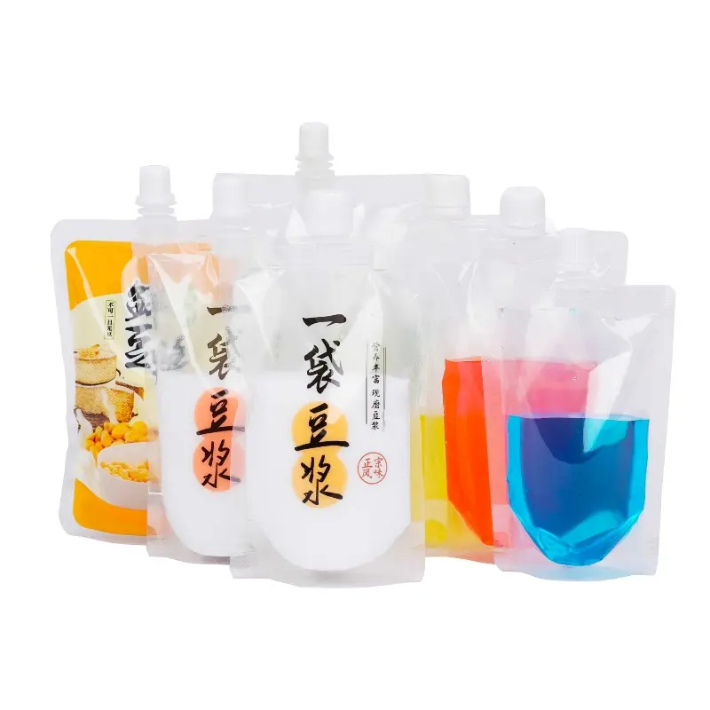 Saco de suporte transparente descartável personalizado para bebidas de leite e suco com bico de recheio e sacos de embalagem