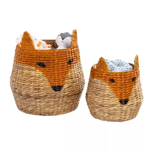 Natural cute fox shape woven seagrass basket wicker collapsible laundry hamper closet storage organization cute animals shape