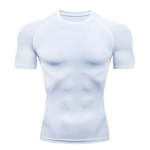 T-shirt de compression blanc à manches courtes pour homme, coupe ajustée, séchage rapide, col rond, en polyester tricoté, style sportif - Product Image 1