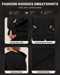 Vente la plus chaude, sweat-shirt à capuche oversize pour femmes, en molleton de coton, à manches longues, à épaules tombantes, avec poignets troués, uni noir, taille plus - Product Image 6