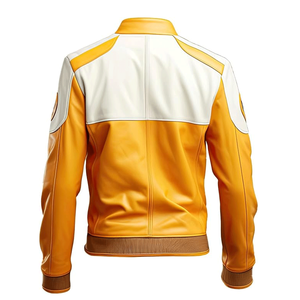 Men's Mustard White Genuine Sheepskin Stand Collar Windproof Winter Racing Motorbike Jacket Lightweight Smooth - Product Image 2