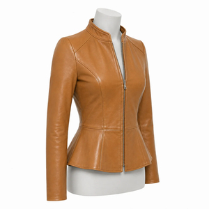 Luxury <b>Women</b> Tan Genuine Leather Peplum Jacket Slim Fit Stand Collar Front <b>zip</b> Elegant Fashion <b>Top</b> OEM Private Label Outerwear - Product Image 3