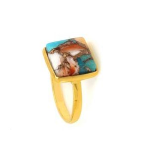 Best Selling 12mm Square Mohave Spiny Oyster Copper Turquoise 18K Gold Plated Fine Sterling <b>Silver</b> Dainty <b>Boho</b> <b>Ring</b> Gift - Product Image 3