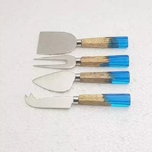 Ensemble de fromage en acier inoxydable nickelé avec manche en résine bleue gaufrée Couteaux à fromage décoratifs de table - Product Image 2