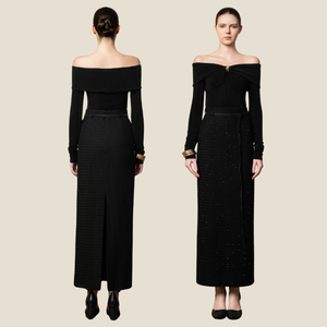 Elaborado con tela flexible de punto brillante, el top de punto GWEN ofrece un aspecto elegante con hombros descubiertos y detalles modernos - Product Image 1